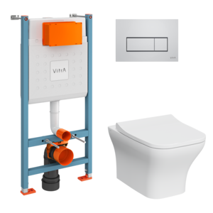 Изображение товара Инсталляция Vitra с подвесным безободковым унитазом Vitra Zentrum Square, сиденье микролифт, клавиша глянцевый хром, 9875B003-7201