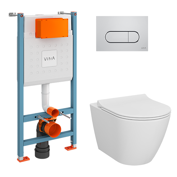 Изображение товара Инсталляция Vitra с безободковым унитазом Vitra Sanibelle, тонкое сиденье микролифт, клавиша хром, 9878B003-7200