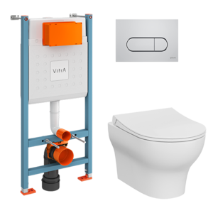 Изображение товара Инсталляция Vitra с безободковым унитазом Vitra Zentrum Round, тонкое сиденье микролифт, клавиша хром, 9879B003-7200