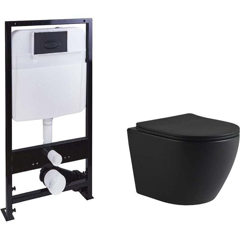 Изображение товара Инсталляция SantiLine с безободковым унитазом и сиденьем микролифт черный матовый