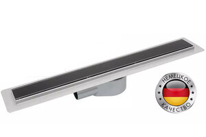 Изображение товара Дренажный канал CK Drain, 80 см, с решеткой из закаленного стекла, хром/черный матовый, AQPP01-G-80