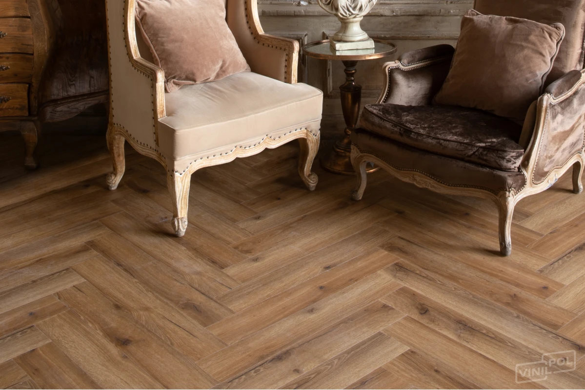 Изображение товара Кварцвиниловая плитка SPC VinilPol Herringbone Паркет Франческо 9933, планка 12.7 х 76.2, замковая