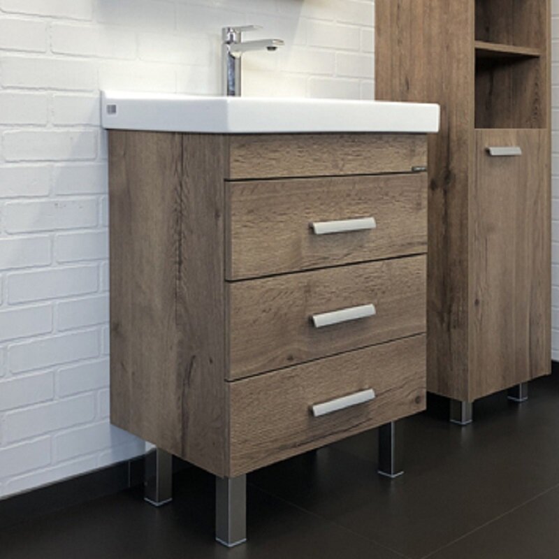 Изображение товара Тумба с раковиной Comforty Никосия, 60 см, напольная, дуб темный, раковина Fest белая, 00-00008852 (00-00008852CF)