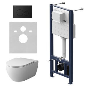 Изображение товара Комплект Инсталляция AM.PM Awe, с безободковым подвесным унитазом Awe FlashClean, шумоизоляция, крышка-сиденье микролифт, цвет белый, клавиша Pro L черная матовая, IS49038.111700