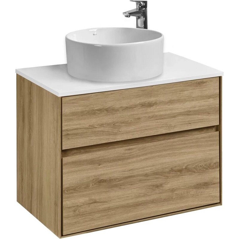 Изображение товара Тумба с раковиной Aquaton Либерти 75 см, дуб эльвезия, раковина накладная Mila 40, столешница белая, 1A2795К2LY010