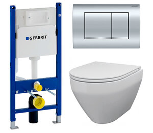 Изображение товара Инсталляция Geberit Duofix Delta с безободковым унитазом AM.PM Spirit FlashClean C701700WH 2.0, сиденье микролифт, клавиша хром, 458.163.21.1/C701700WH/C707857WH