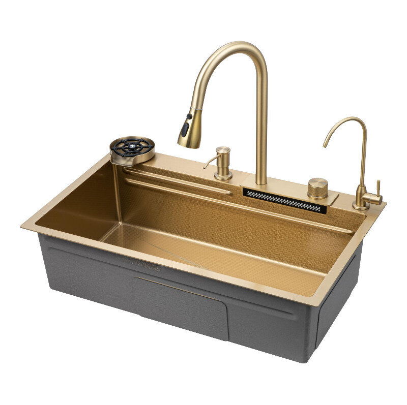 Изображение товара Кухонная мойка Savol 75 см с смесителем цвет матовое золото S-SC003C