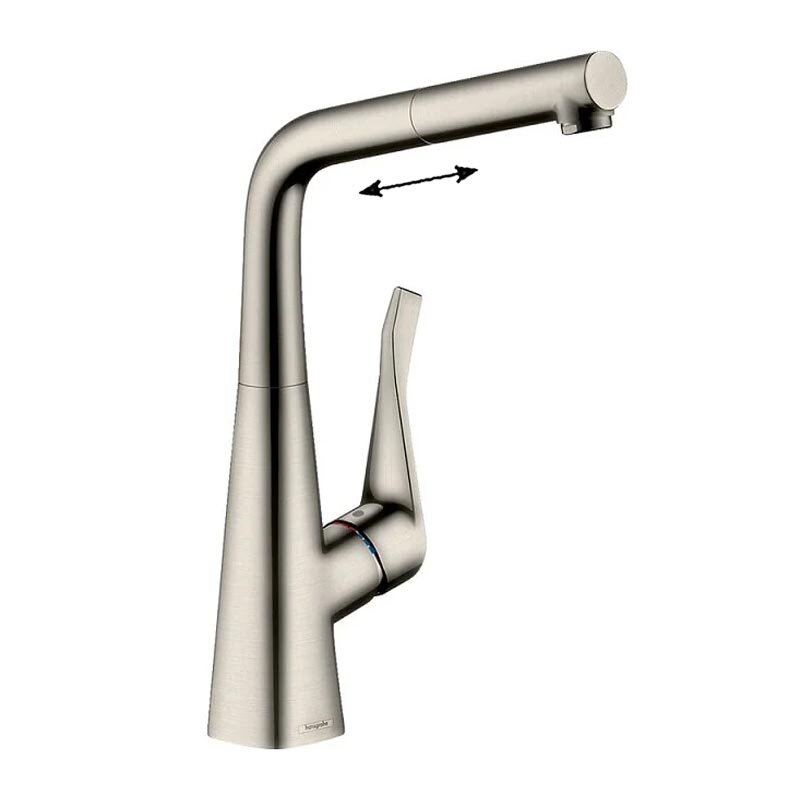 Изображение товара Смеситель для кухонной мойки Hansgrohe Metris, 73812800, с вытяжным изливом, цвет нержавеющая сталь Изображение товара Смеситель для кухонной мойки Hansgrohe Metris, 73812800, с вытяжным изливом, цвет нержавеющая сталь