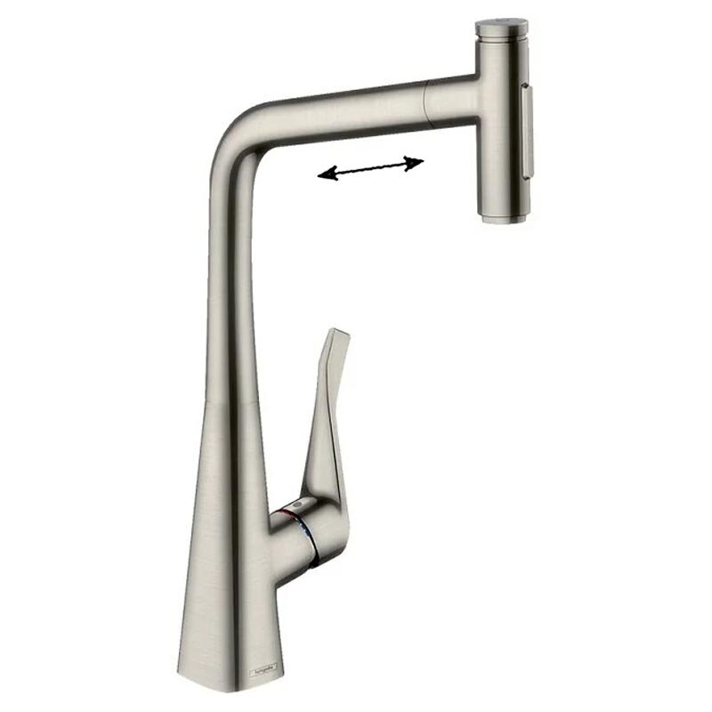 Изображение товара Смеситель для кухонной мойки Hansgrohe Metris Select, 73820800, с вытяжным изливом, цвет нержавеющая сталь Изображение товара Смеситель для кухонной мойки Hansgrohe Metris Select, 73820800, с вытяжным изливом, цвет нержавеющая сталь