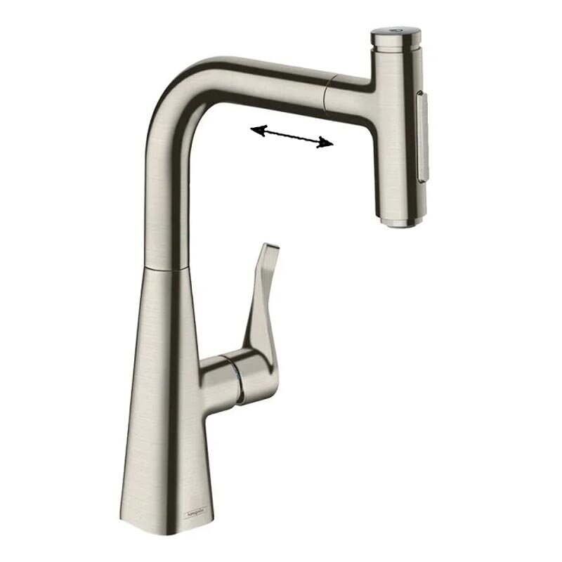 Изображение товара Смеситель для кухонной мойки Hansgrohe Metris Select, 73822800, с вытяжным изливом, цвет нержавеющая сталь Изображение товара Смеситель для кухонной мойки Hansgrohe Metris Select, 73822800, с вытяжным изливом, цвет нержавеющая сталь