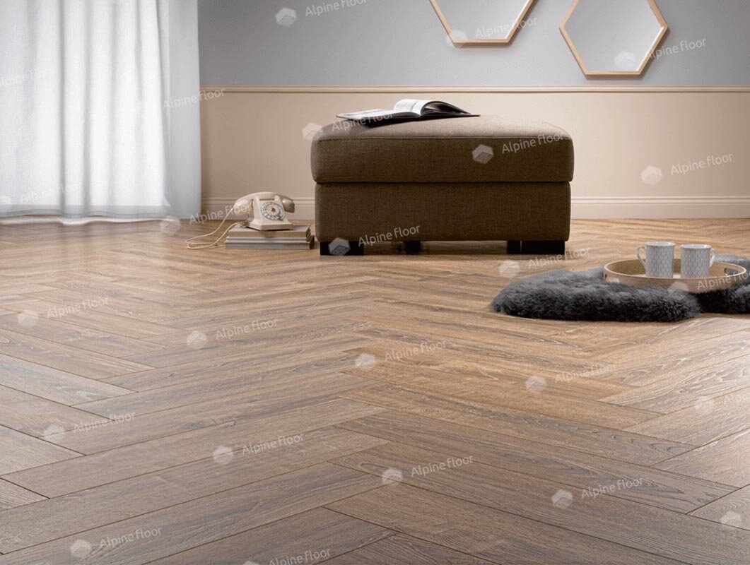 Изображение товара Ламинат Alpine Floor Homflor Herringbone 12 BR, 622, планка 14.3 х 64.4 см, декор Balearic Oak, замковый, 12 мм