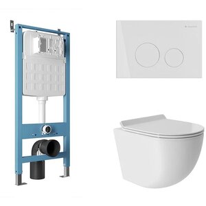 Изображение товара Комплект Aqueduto AQDS001T: инсталляция Tecnica, безободковый унитаз Ovo смыв торнадо, крышка-сиденье микролифт, клавиша Circulo белая глянцевая