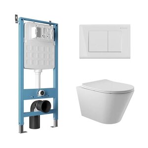 Изображение товара Комплект Aqueduto, AQDS011: инсталляция Tecnica, безободковый унитаз Cone с крышкой-сиденьем микролифт, клавиша Quadrado белая глянцевая