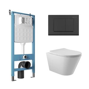 Изображение товара Комплект Aqueduto, AQDS014: инсталляция Tecnica, безободковый унитаз Cone с крышкой-сиденьем микролифт, клавиша Quadrado черная матовая