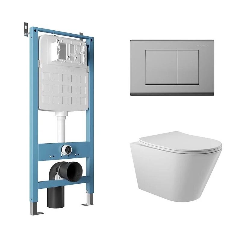 Изображение товара Комплект Aqueduto, AQDS017: инсталляция Tecnica, безободковый унитаз Cone с крышкой-сиденьем микролифт, клавиша Quadrado хром