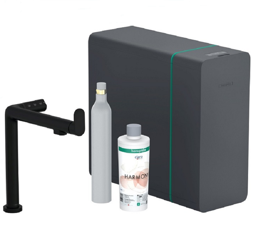 Изображение товара Смеситель для кухонной мойки Hansgrohe Aqittura SodaSystem, 76810670, с системой фильтрации и газирования воды, черный матовый Изображение товара Смеситель для кухонной мойки Hansgrohe Aqittura SodaSystem, 76810670, с системой фильтрации и газирования воды, черный матовый