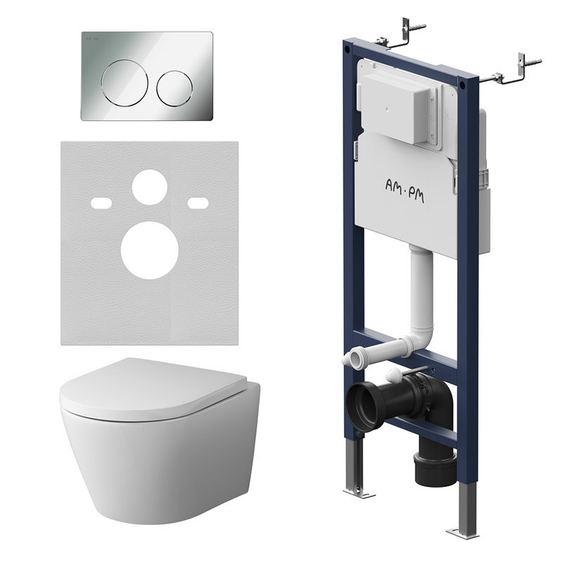 Изображение товара Инсталляция Am.Pm PrimeFit, IS90151.741701, унитаз безободковый Sense, крышка-сиденье микролифт, клавиша хром