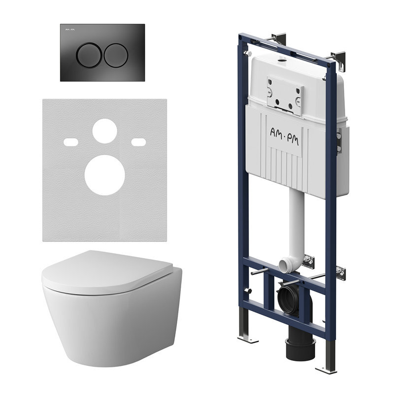 Изображение товара Инсталляция Am.Pm MasterFit с унитазом Sense безободковый с крышкой микролифт и клавишей Черный мат