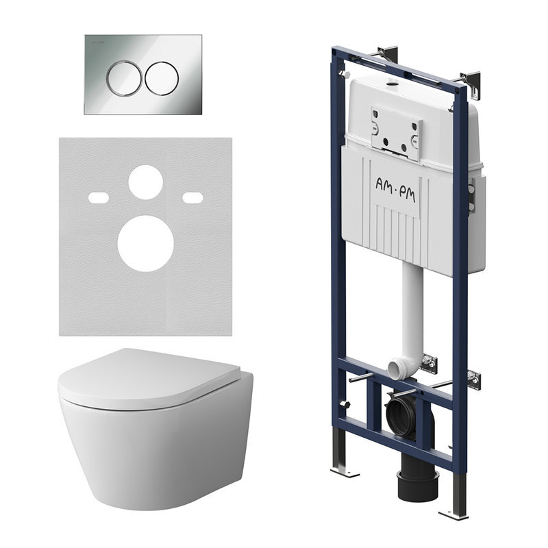 Изображение товара Инсталляция Am.Pm MasterFit, IS100151.741701, унитаз безободковый Sense, крышка-сиденье микролифт, клавиша хром