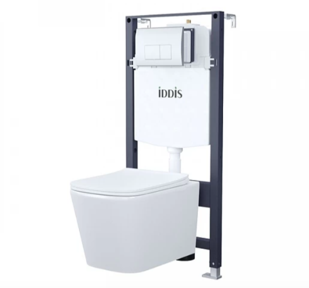 Изображение товара Комплект 3 в 1 Iddis, BASBI01i73: подвесной унитаз Bild, безободковый, сиденье микролифт, белый, инсталляция Profix, клавиша Unifix хром