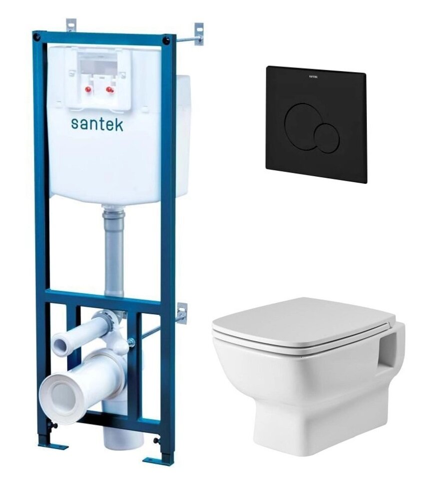 Изображение товара Инсталляция с унитазом Santek Нео ПЭК, 1.WH50.1.777, rimless, сиденье микролифт, клавиша черная матовая, крепеж, белый
