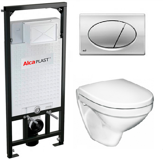 Изображение товара Инсталляция Alcaplast с унитазом Gustavsberg Nautic 5530 GB115530001000, сиденье микролифт клавиша хром, комплект Santehnica.ru