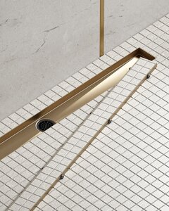 Изображение товара Дренажный канал Timo Drain System DS230209/17, 90 см, с двусторонней панелью под плитку, цвет золото матовое Изображение товара Дренажный канал Timo Drain System DS230209/17, 90 см, с двусторонней панелью под плитку, цвет золото матовое